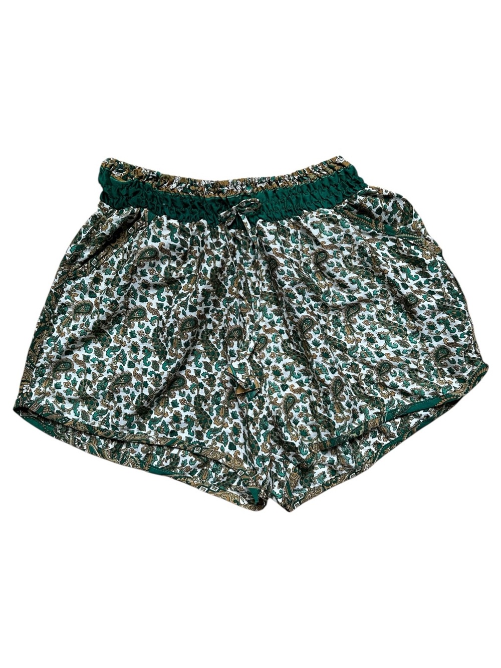 Green Gold Paisley Elastic-Waist Silk Lounge Shorts with Smocked Waistband